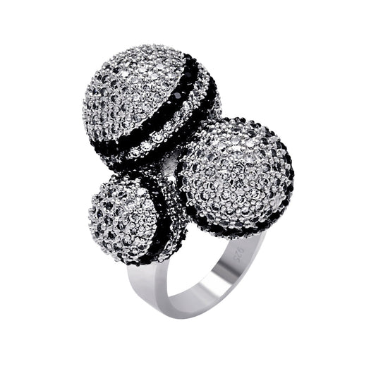 Sterling Silver 925 Black Rhodium Plated Black Clear Pave CZ Ball Ring Sizes 5-9