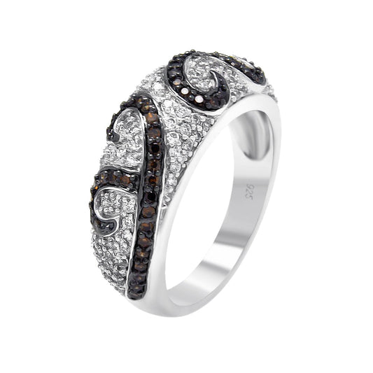 Rhodium Plated Sterling Silver 925 Black Champagne Clear CZ Swirl Ring Sizes 5-9