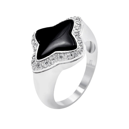Rhodium Plated Sterling Silver 925 Black Onyx Clear CZ Flower Ring Sizes 5-9