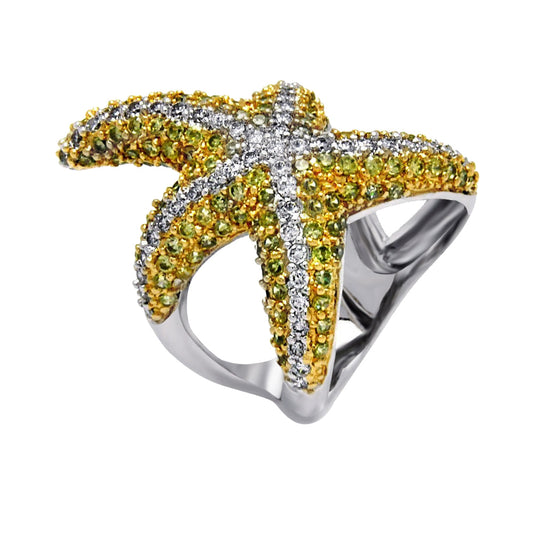 Rhodium & Gold Plated Sterling Silver Green & Clear CZ Starfish Ring Sizes 5-9