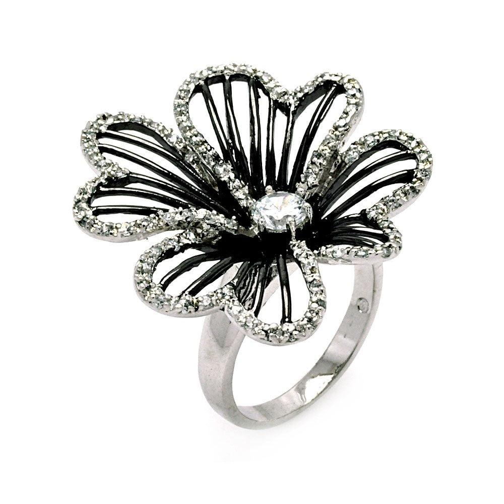 Black Rhodium Plated Sterling Silver 925 Clear CZ Open Flower Ring Sizes 5-9