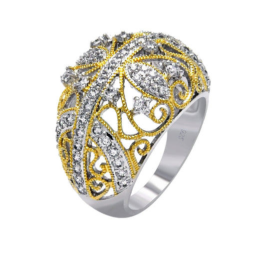 Rhodium & Gold Plated Sterling Silver 925 Clear CZ Filigree Ring Band Sizes 5-9