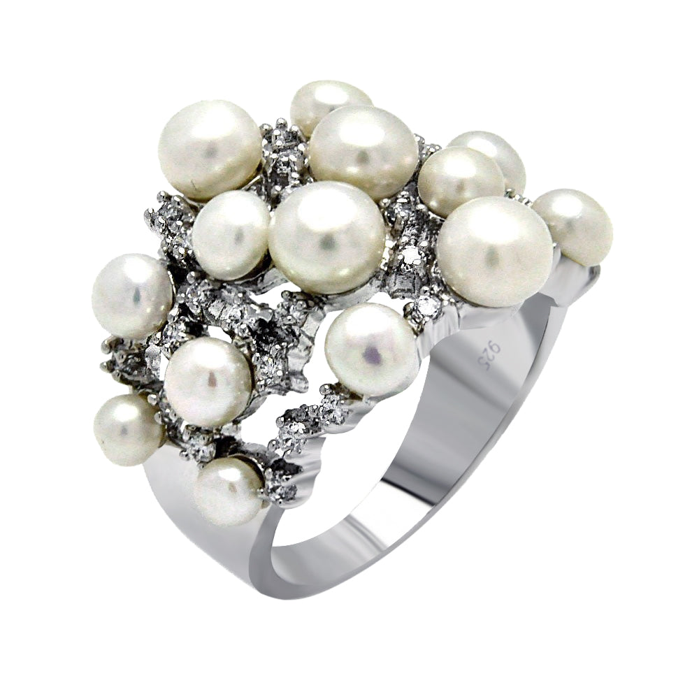 Rhodium Plated Sterling Silver 925 Clear CZ Simulated Pearl Ring Band Sizes 5-9