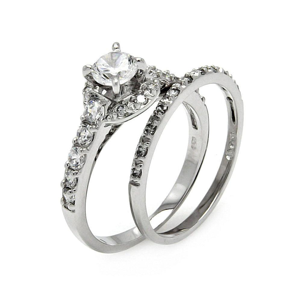 Rhodium Plated Sterling Silver 925 Clear Pave Set CZ Bridal Ring Set Sizes 5-9