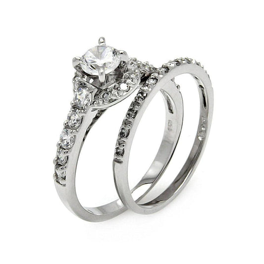Rhodium Plated Sterling Silver 925 Clear Pave Set CZ Bridal Ring Set Sizes 5-9