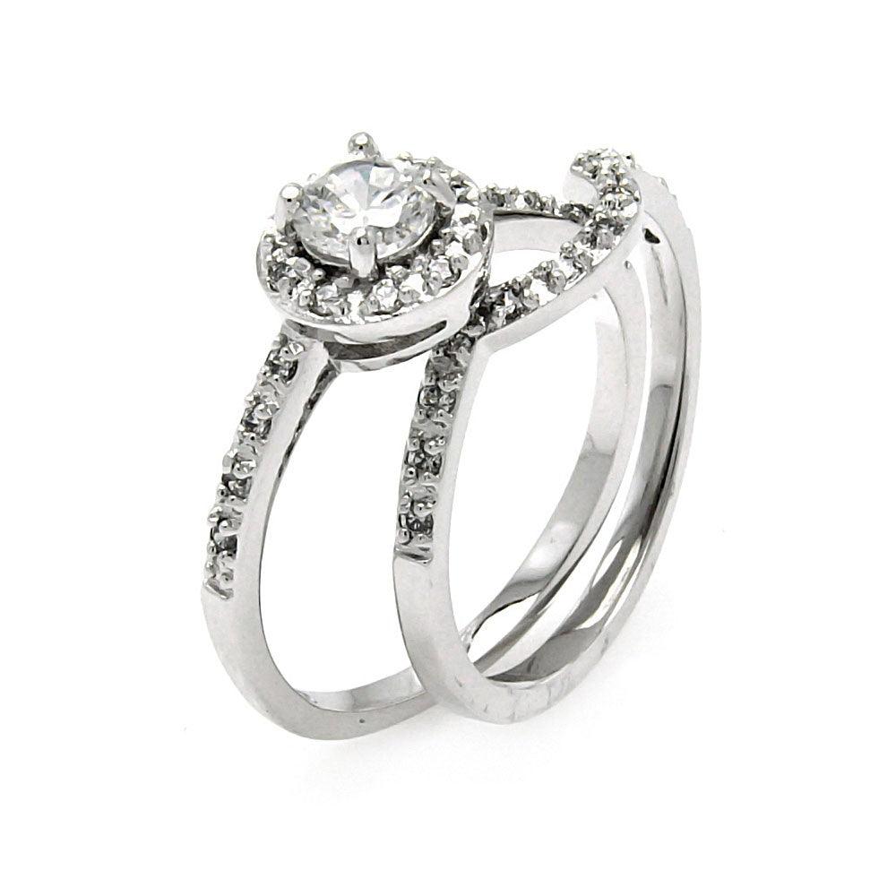 Rhodium Plated Sterling Silver 925 Round Clear CZ Bridal Ring Set Band Sizes 5-9