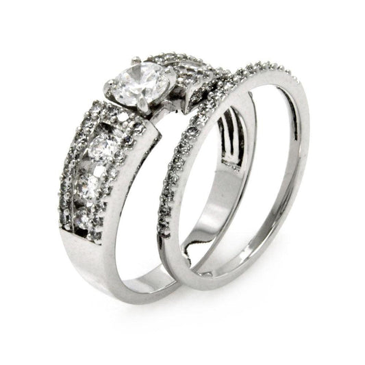 Rhodium Plated Sterling Silver 925 Clear Pave Set CZ Bridal Ring Set Sizes 5-9