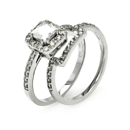 Sterling Silver 925 Rhodium Plated Clear CZ Square Bridal Ring Set Sizes 5-9
