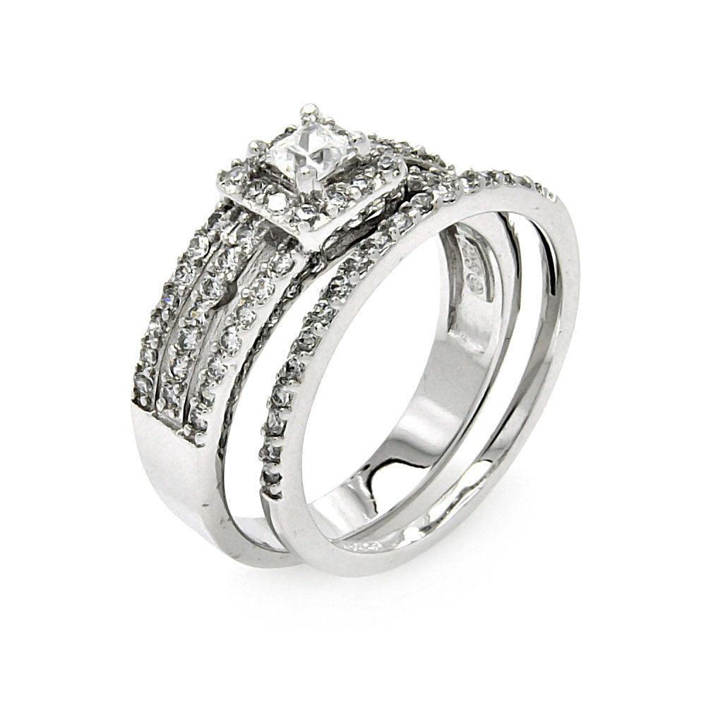 Sterling Silver 925 Rhodium Plated Square Center CZ Bridal Ring Set Sizes 5-9