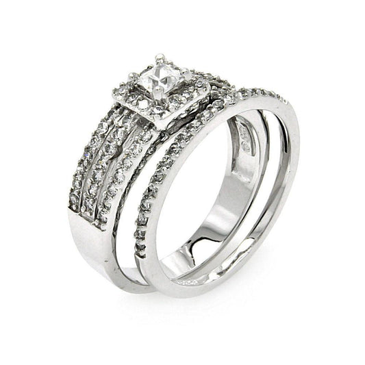 Sterling Silver 925 Rhodium Plated Square Center CZ Bridal Ring Set Sizes 5-9