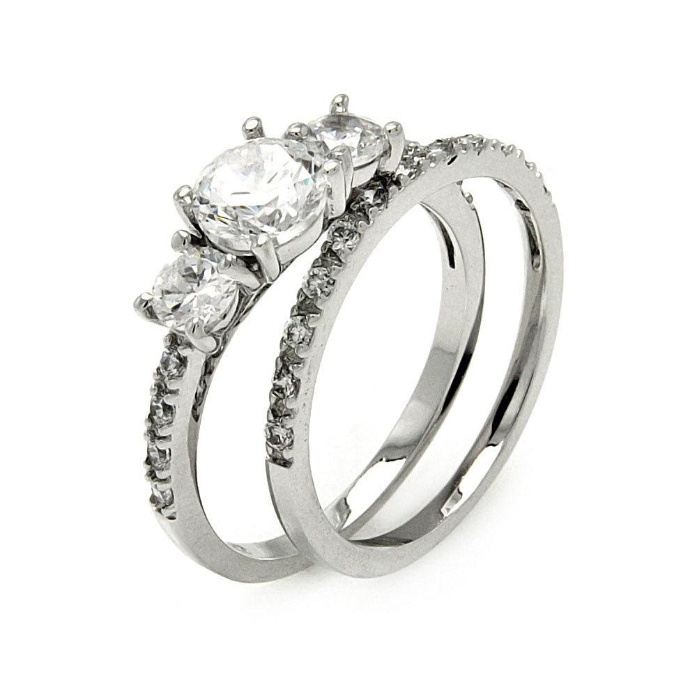 Rhodium Plated Sterling Silver 925 Round CZ Bridal Ring Set Band Sizes 5-9