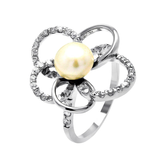 Rhodium Plated Sterling Silver 925 Simulated Pearl CZ Flower Ring Band Sizes 5-9