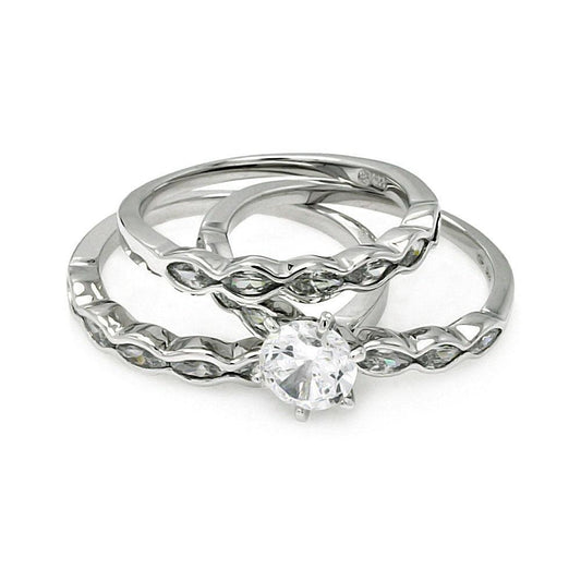 Rhodium Plated Sterling Silver 925 Clear CZ Bridal Ring Set Band Sizes 5-9
