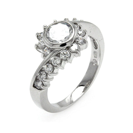 Sterling Silver 925 Rhodium Plated Clear Bezel Center CZ Flower Ring Sizes 5-9