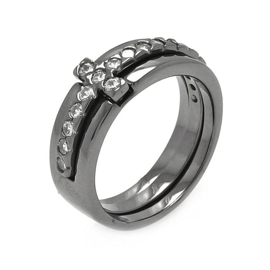 Black Rhodium Plated Sterling Silver 925 Clear CZ Cross Ring Band Sizes 5-9