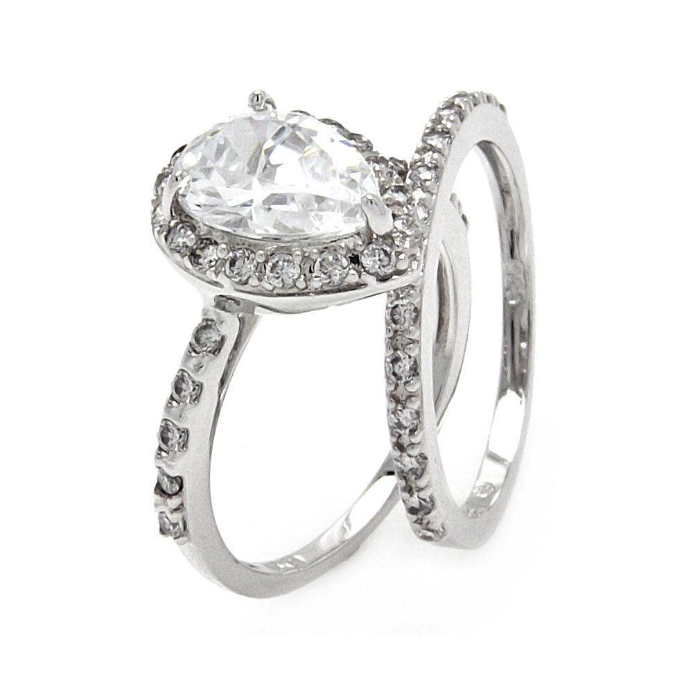 Rhodium Plated Sterling Silver 925 Pear Shaped CZ Bridal Ring Set Band Sizes 5-9