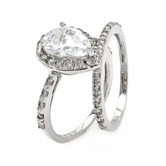 Rhodium Plated Sterling Silver 925 Pear Shaped CZ Bridal Ring Set Band Sizes 5-9