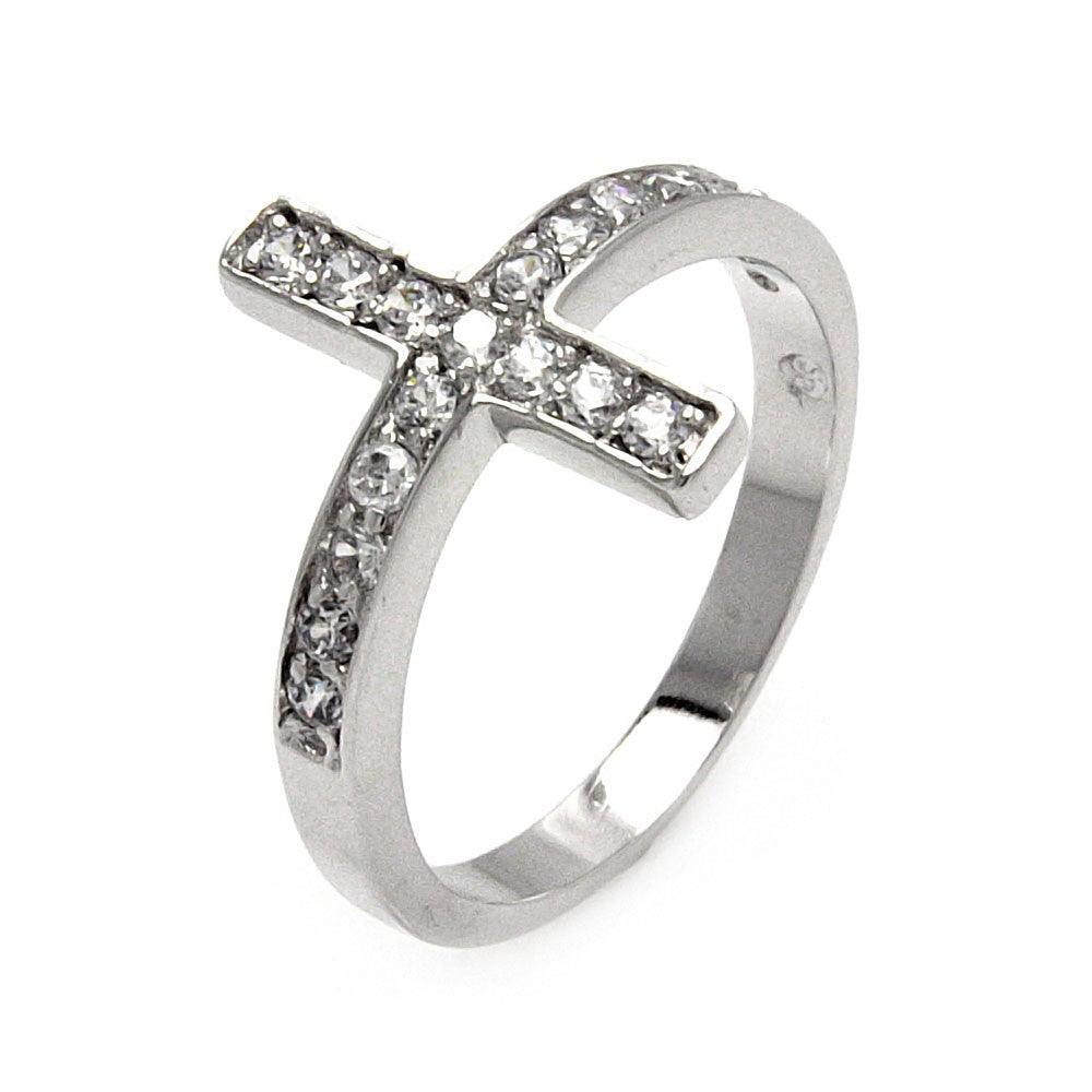 Rhodium Plated Sterling Silver 925 Clear Pave Set CZ Cross Ring Sizes 5-9
