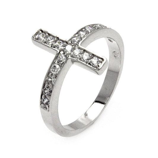 Rhodium Plated Sterling Silver 925 Clear Pave Set CZ Cross Ring Sizes 5-9