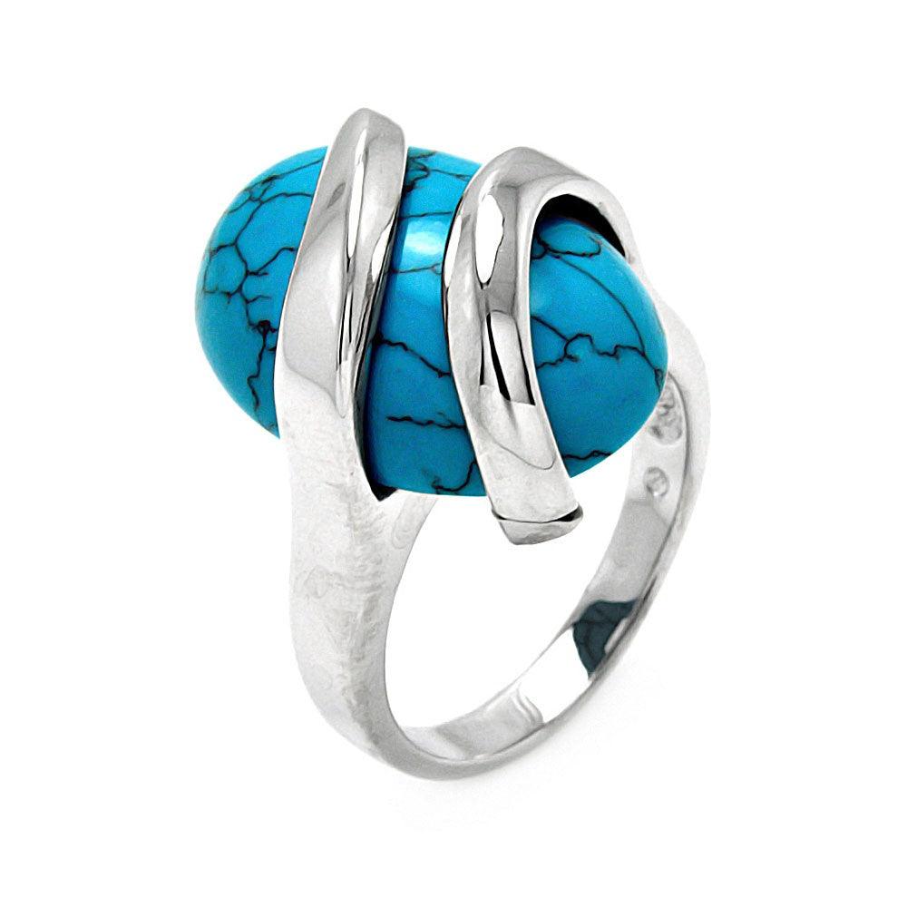 Rhodium Plated Sterling Silver 925 Oval Simulated Turquoise Ring Band Sizes 5-9