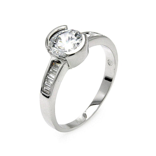 Sterling Silver 925 Rhodium Plated Round Clear Baguette CZ Bridal Ring Sizes 5-9