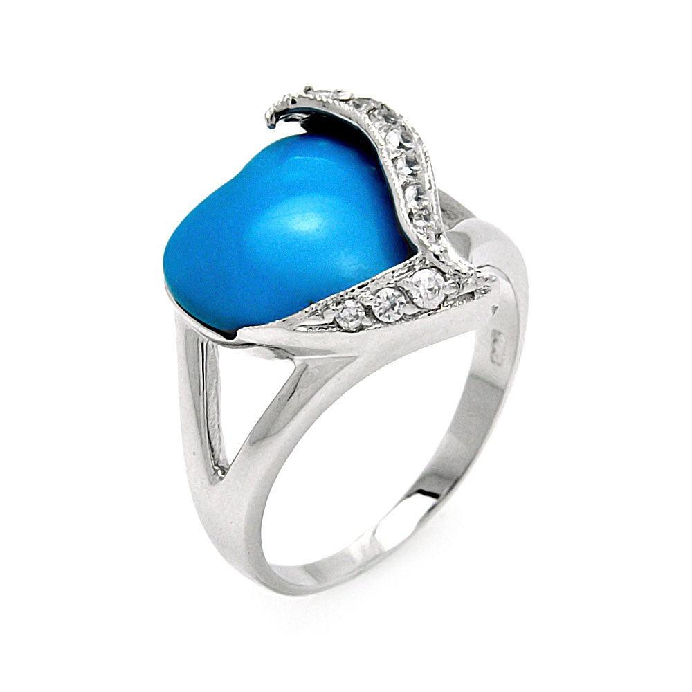Rhodium Plated Sterling Silver 925 Simulated Turquoise CZ Heart Ring Sizes 5-9
