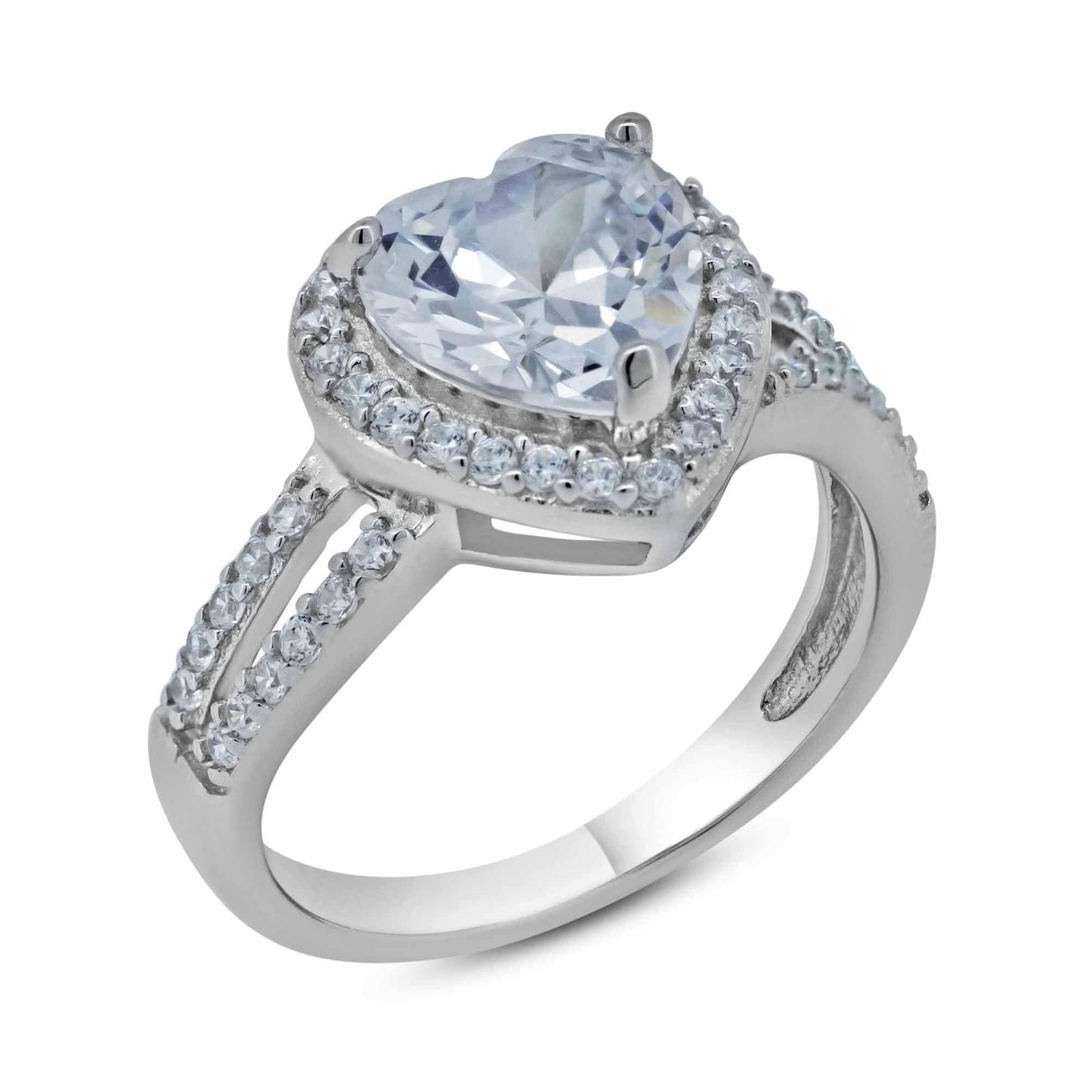 Sterling Silver 925 Rhodium Plated CZ Heart Bridal Promise Halo Ring Sizes 5-9
