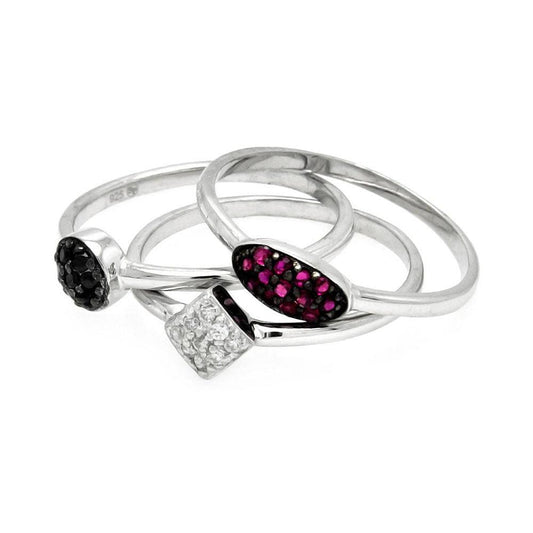 Sterling Silver 925 Black Rhodium Plated Geometric Purple CZ Ring Set Sizes 5-9