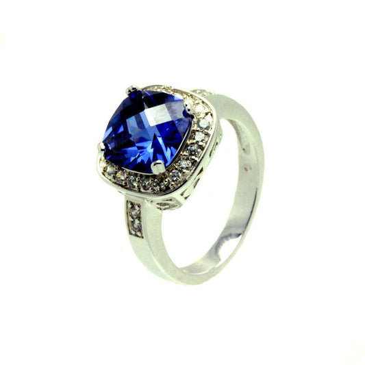 Rhodium Plated Sterling Silver 925 Blue Square Clear Cluster CZ Ring Sizes 5-9