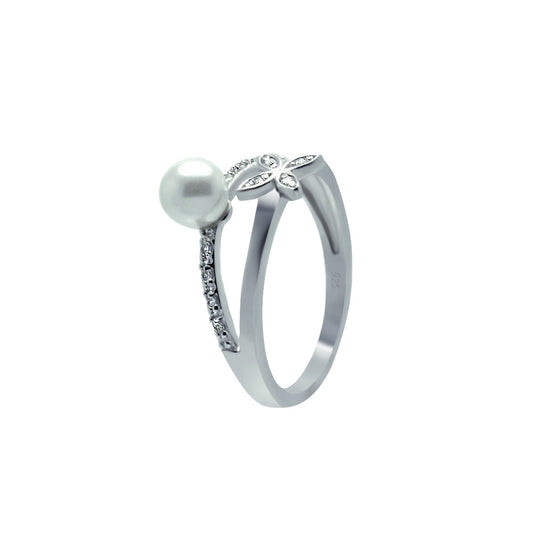 Sterling Silver 925 Rhodium Plated Cute CZ Simulated Pearl Flower Ring Sizes 5-9