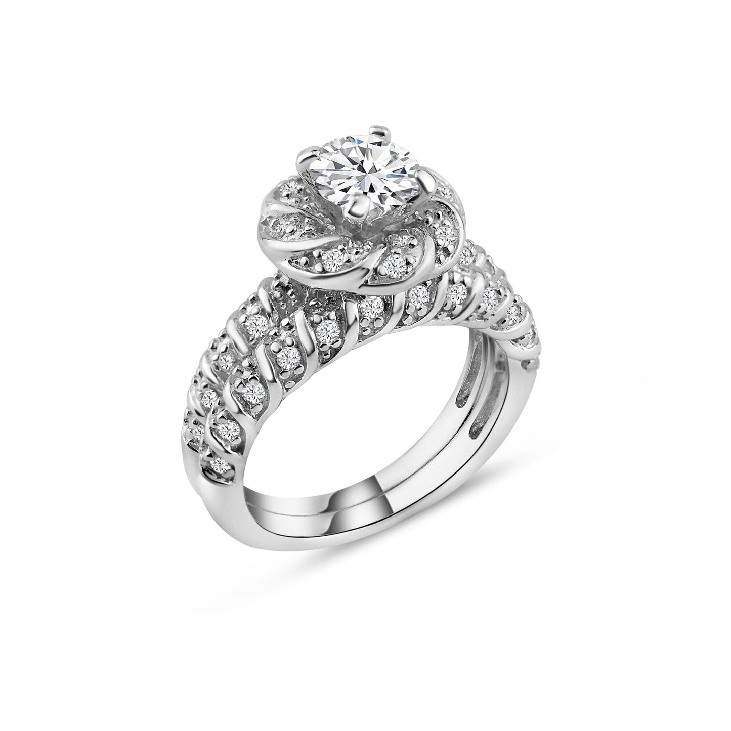 Rhodium Plated Sterling Silver 925 Clear CZ Flower Ring Bridal Set Sizes 5-9