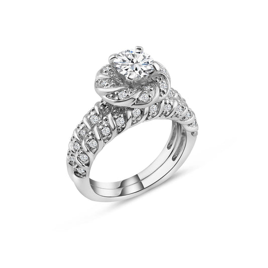 Rhodium Plated Sterling Silver 925 Clear CZ Flower Ring Bridal Set Sizes 5-9