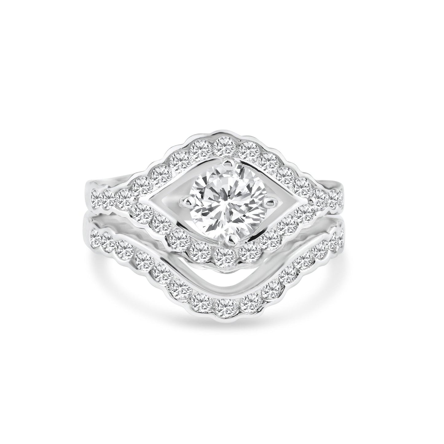Sterling Silver 925 Rhodium Plated Clear CZ Estate Engagement Ring Set Sizes 5-9