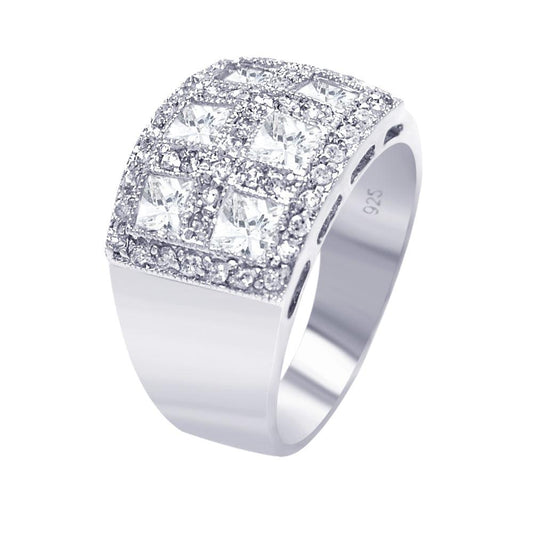Rhodium Plated Sterling Silver 925 Clear Square CZ Cigar Band Ring Sizes 5-10