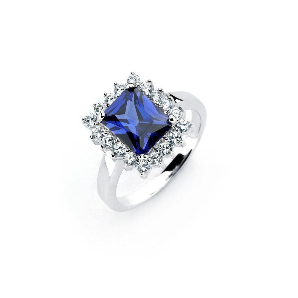 Rhodium Plated Sterling Silver 925 Blue & Clear Cluster CZ Ring Band Sizes 5-9
