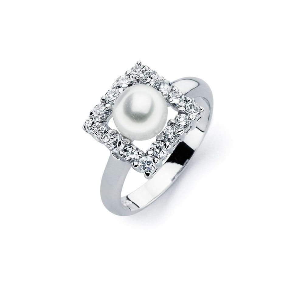 Rhodium Plated Sterling Silver 925 Simulated Pearl Clear CZ Ring Band Sizes 5-9