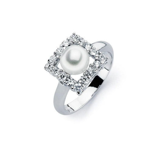 Rhodium Plated Sterling Silver 925 Simulated Pearl Clear CZ Ring Band Sizes 5-9