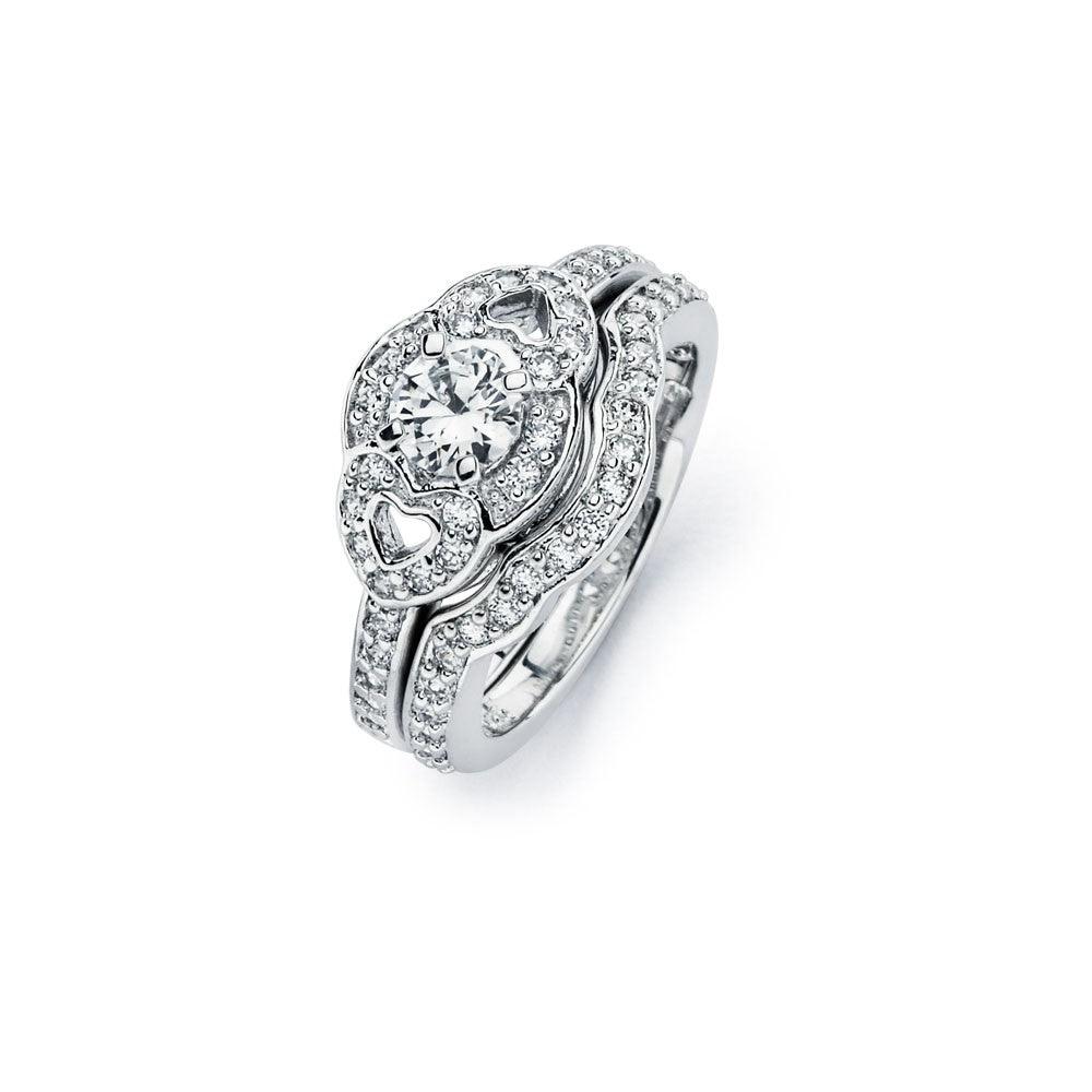 Sterling Silver 925 Rhodium Plated Clear CZ Heart Engagement Ring Set Sizes 5-9