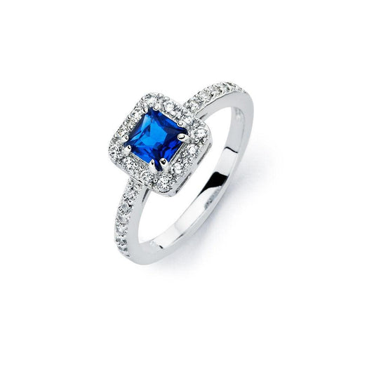Sterling Silver 925 Rhodium Plated Cute Clear Halo Square Blue CZ Ring Sizes 5-9