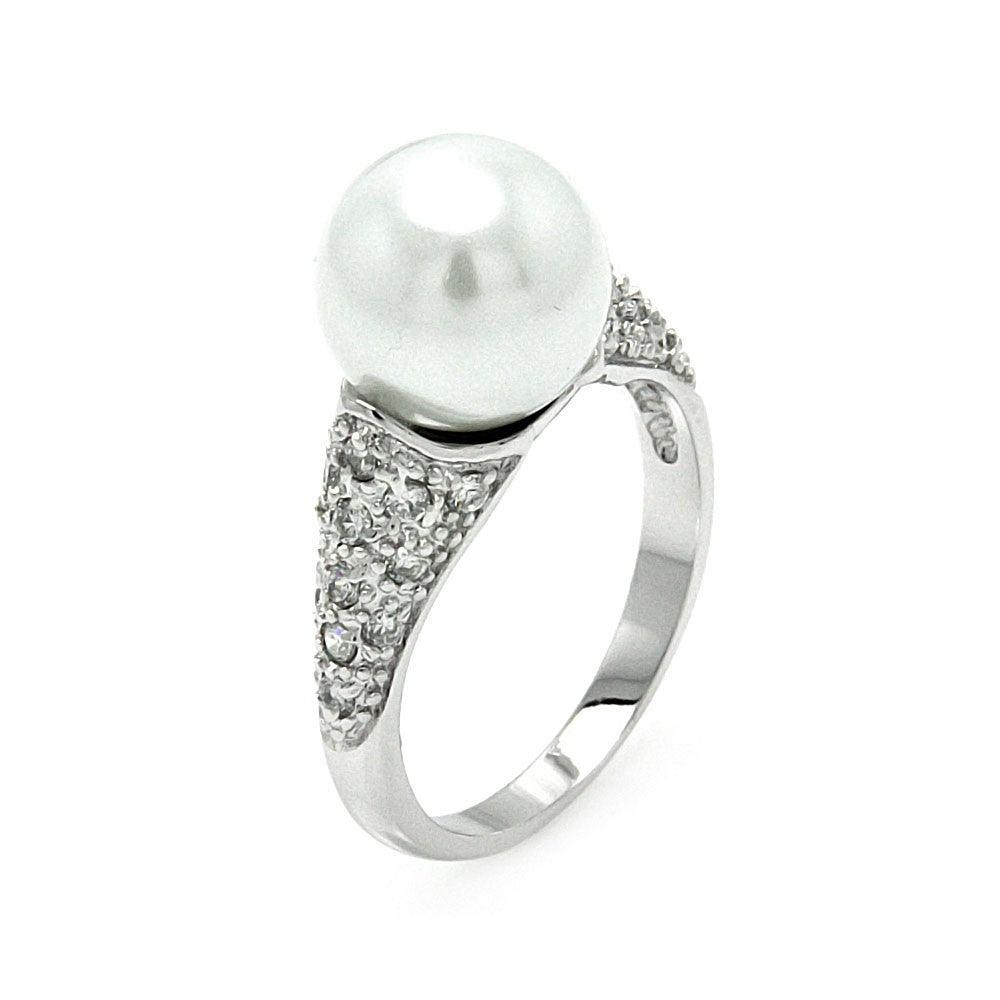 Sterling Silver 925 Rhodium Plated Simulated Pearl Clear CZ Pave Ring Sizes 5-9
