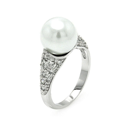 Sterling Silver 925 Rhodium Plated Simulated Pearl Clear CZ Pave Ring Sizes 5-9