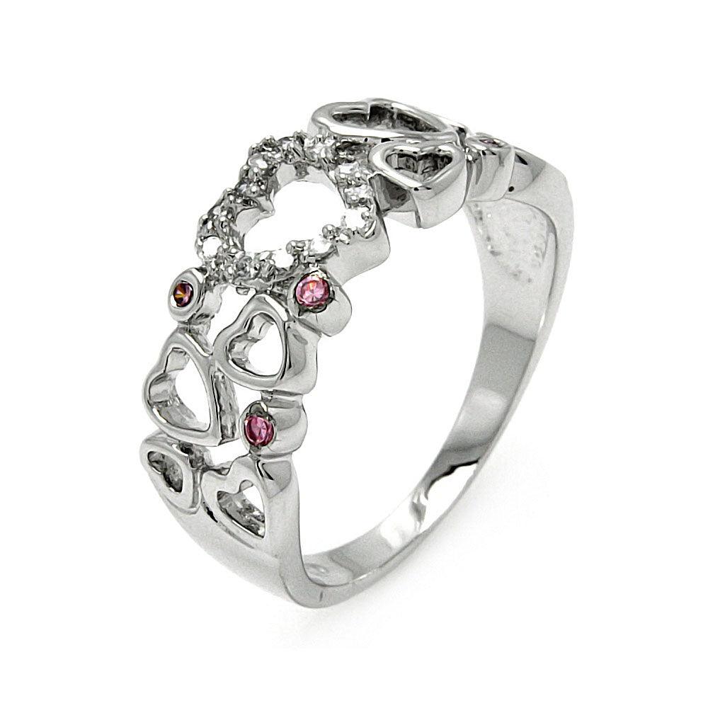 Sterling Silver 925 Rhodium Plated Clear and Pink CZ Multi Heart Ring Sizes 5-9