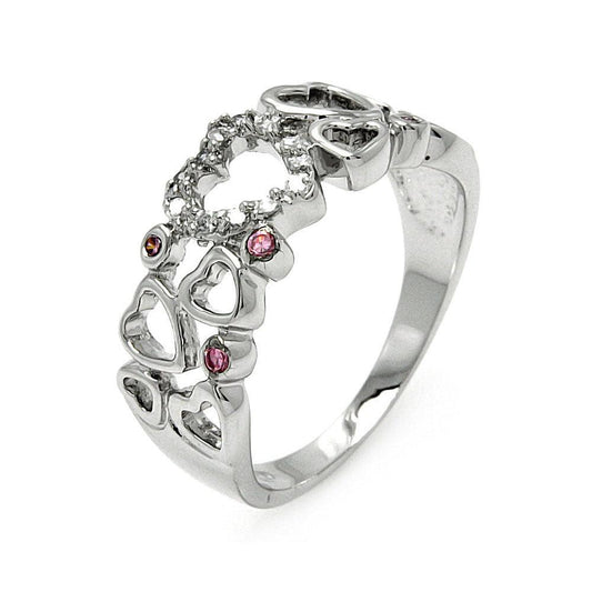 Sterling Silver 925 Rhodium Plated Clear and Pink CZ Multi Heart Ring Sizes 5-9