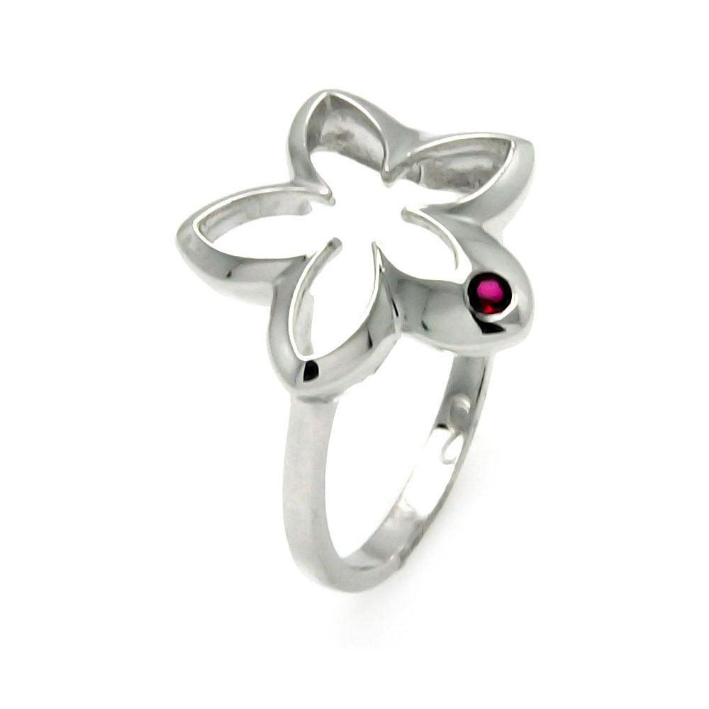 Rhodium Plated Sterling Silver 925 Small Red CZ Open Flower Ring Band Sizes 5-5