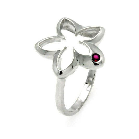 Rhodium Plated Sterling Silver 925 Small Red CZ Open Flower Ring Band Sizes 5-5