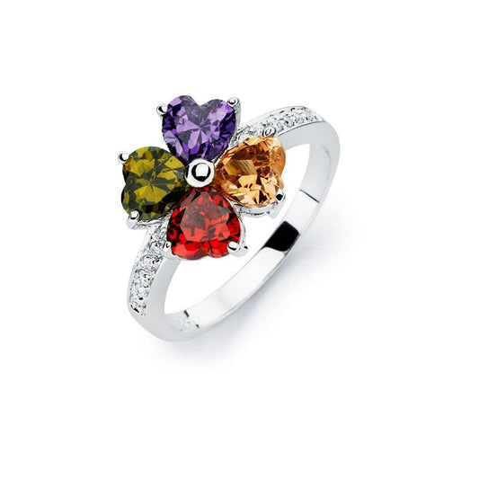 Rhodium Plated Sterling Silver 925 Multi Colored CZ Flower Ring Band Sizes 5-9