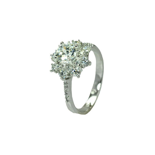 Sterling Silver 925 Rhodium Plated Clear Round CZ Flower Bridal Ring Sizes 5-9