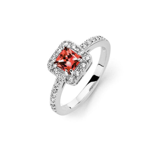 Sterling Silver 925 Rhodium Plated Red Square CZ Halo Cute Bridal Ring Sizes 5-9