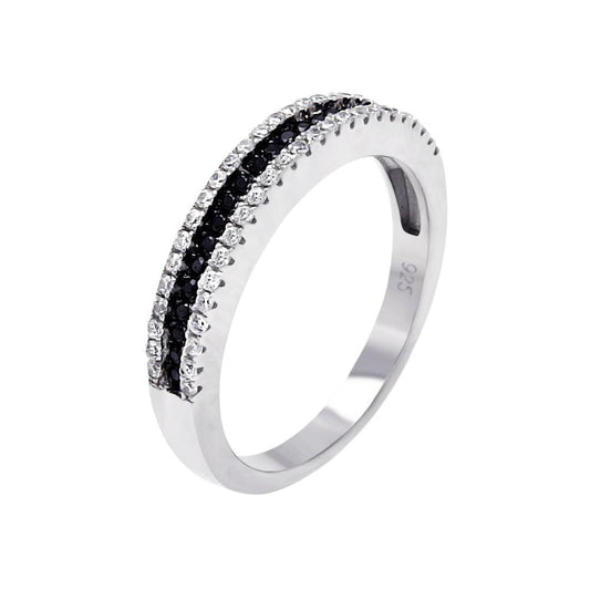 Sterling Silver 925 Rhodium Plated Half Micro Pave Black Clear CZ Ring Sizes 5-9
