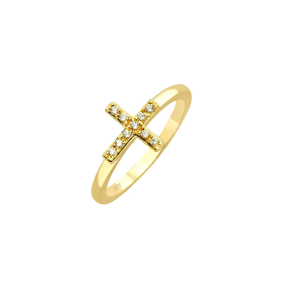 Sterling Silver 925 Gold Plated Clear CZ Jesus Christian Cross Ring Sizes 5-9